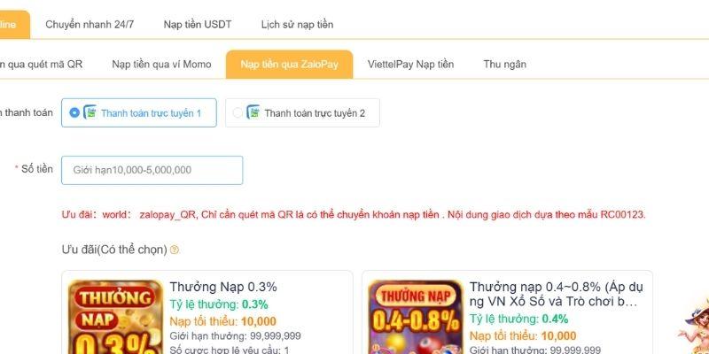 Điều kiện nạp tiền Sodo6789